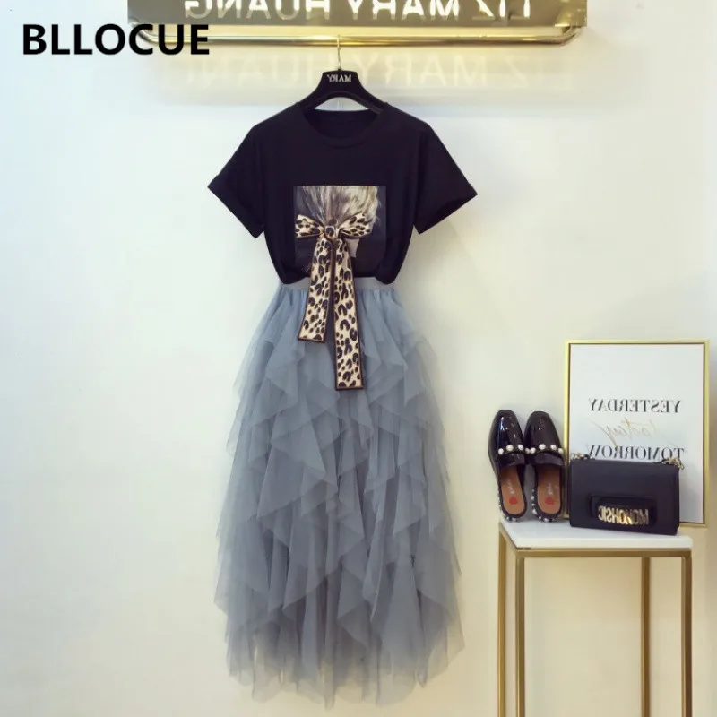 

BLLOCUE 2019 Summer Designer Women 2 Piece Set Leopard Print T Shirt Tops + High Waist Irregular Mesh Skirt Sets