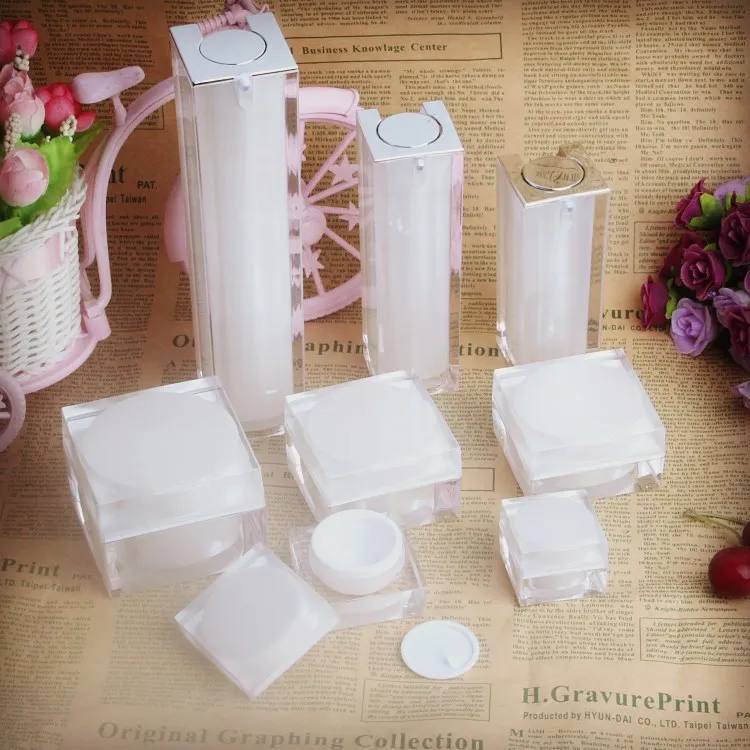 

10pcs Elegant Square Shape Acrylic Bottle Jar.Lotion Pump Bottle.Pearl White Color Acrylic Cream Jar 5/10/15/30/50g