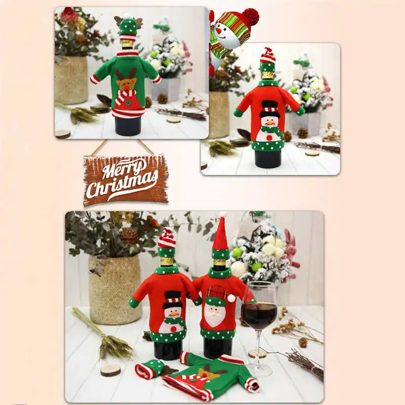 Santa Claus Wine Bottle Cover Lovely Christmas Party Decoration With Hat Clothing Red Wine Bottle Case Table Decoration #2o31 (9)