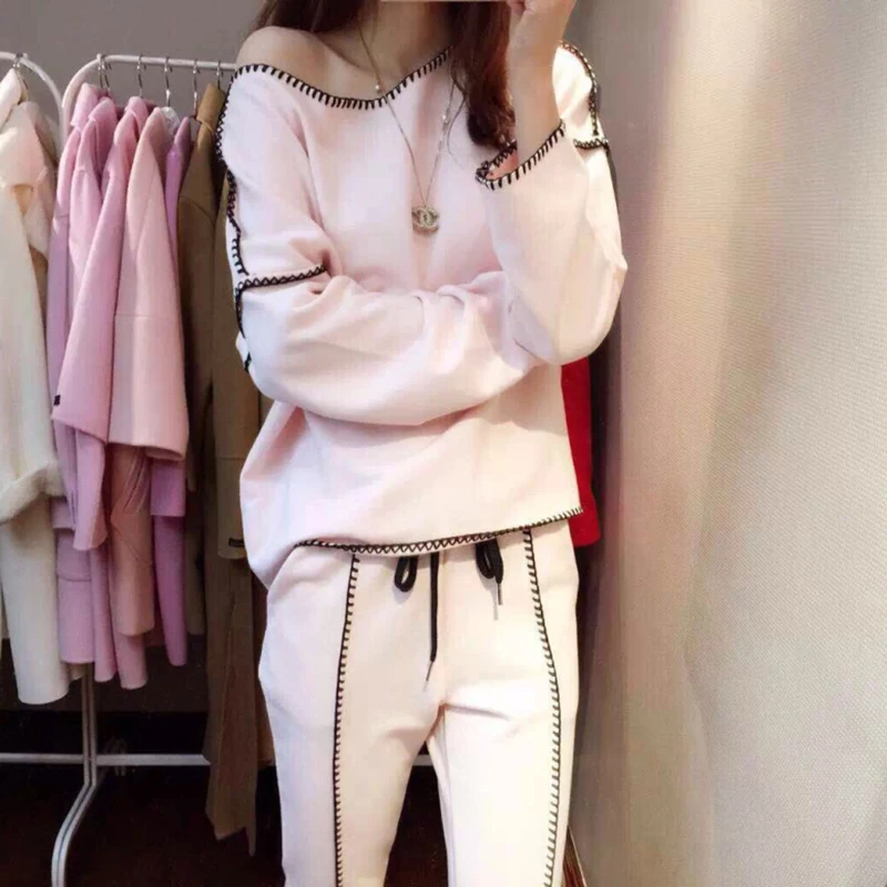 

Women's Sweatshirt+Pants 2019 Spring Lady Tracksuit Lock Edge 2 Pieces Sporting Pink Suit For Women Autumn Women's Sets Stylish