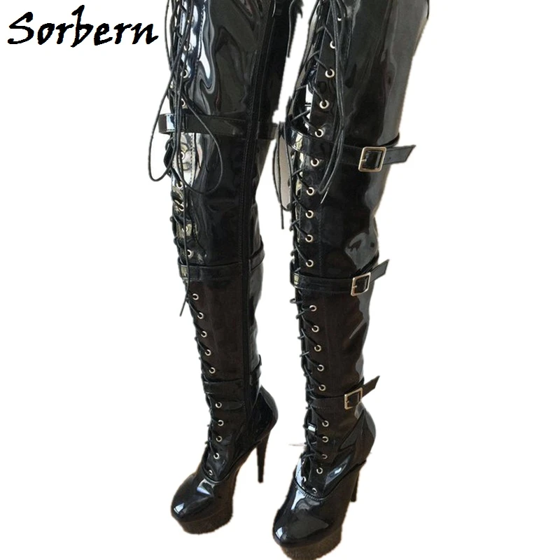 Fashion Women Thigh High Boots Patent Leather High Heels Boots Platform Shoes Sz