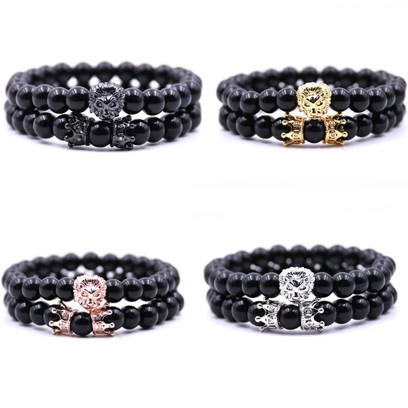 

2pcs/set King Lion Bracelet Charm Crown Couple Bracelets Natural Stone Bead For Men Women Hand Jewelry Accessories Fashion Gift