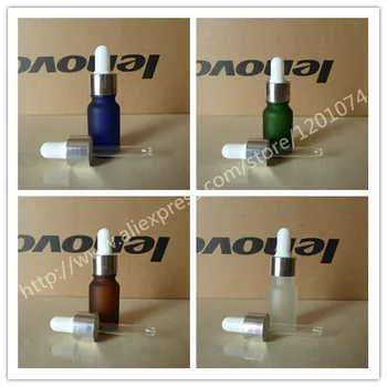 

10ml clear/blue/green/brown frosted Glass Essential Oil Bottle With aluminum shiny silver ring with white/black rubber cap.