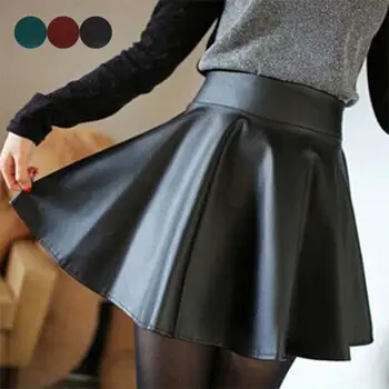 

Women High Waist PU Leather Skater Mini Skirt Solid Color Sexy Short Pleated Skirts Pleated Faux Leather Skirt