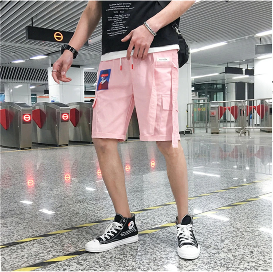 Хип хоп мужские шорты кэжуал ленты дизайнерские шорты Лето 2019 г. Модные мужские короткие Jogger уличная черный, розовый WG216