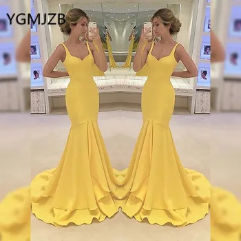 

African Simple Yellow Mermaid Evening Dresses 2019 V-Neck Spaghetti Strap Long Prom Gown Black Girl Formal Prom Party Dress