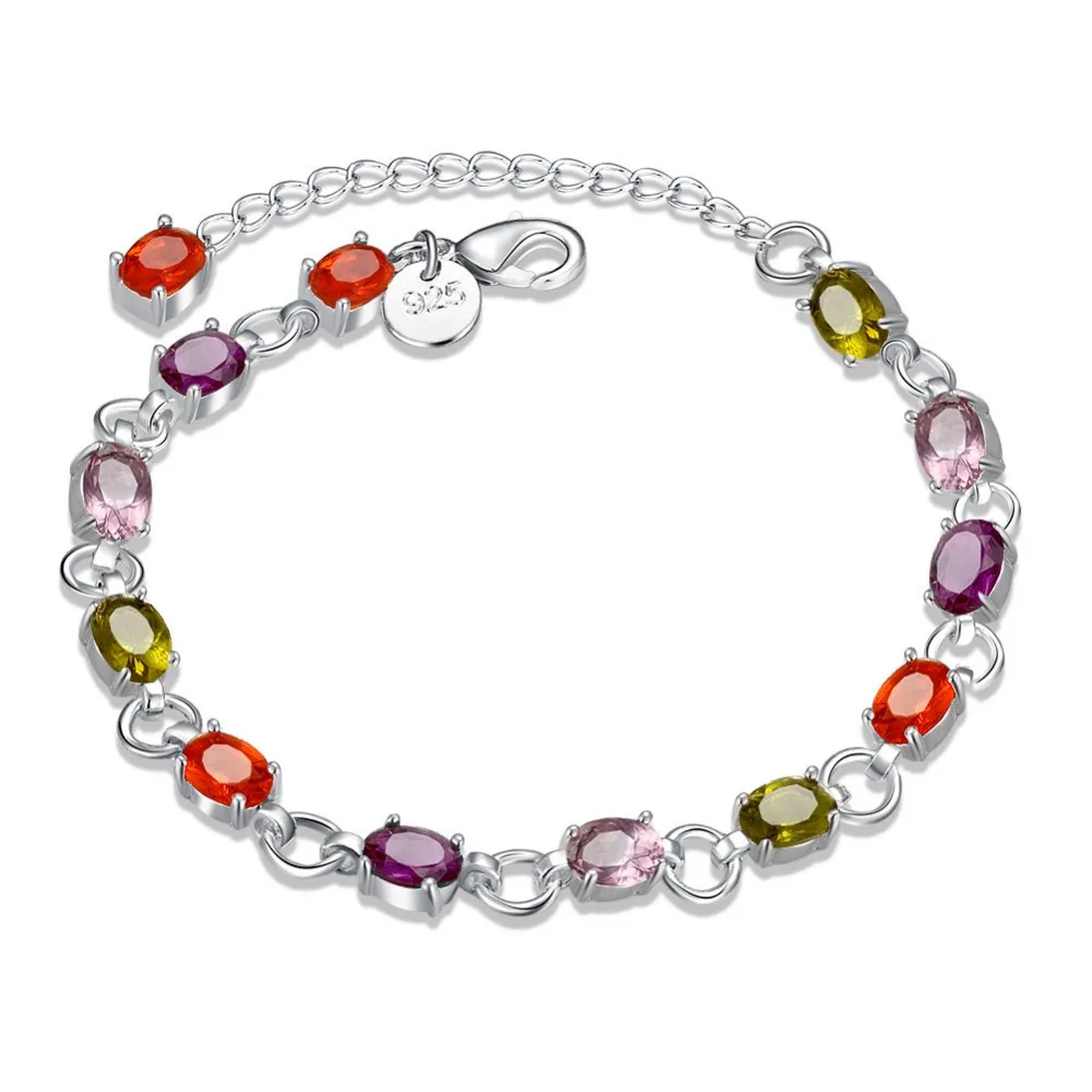 

925 sterling silver bracelet chain Blue Colorful Stone Bracelet Simple Oval Silver Lobster Clasp Genuine Mystic Topaz Bracelet