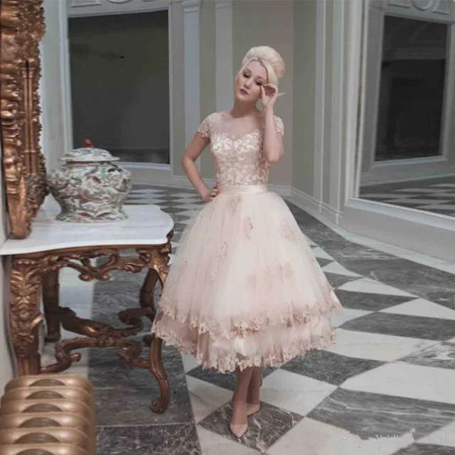 

Vestido de noiva curto 2016 Champagne O-Neck Short Wedding dresses Short Sleeve Mid-Calf Length A-Line Bridal Gown Robe mariage