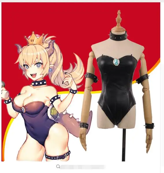 Game Bowsette Kuppa Koopa Hime Princess Black Jumpsuit Leather Party Girls Cosplay Costume Adult Halloween Outfit Clothing Dress