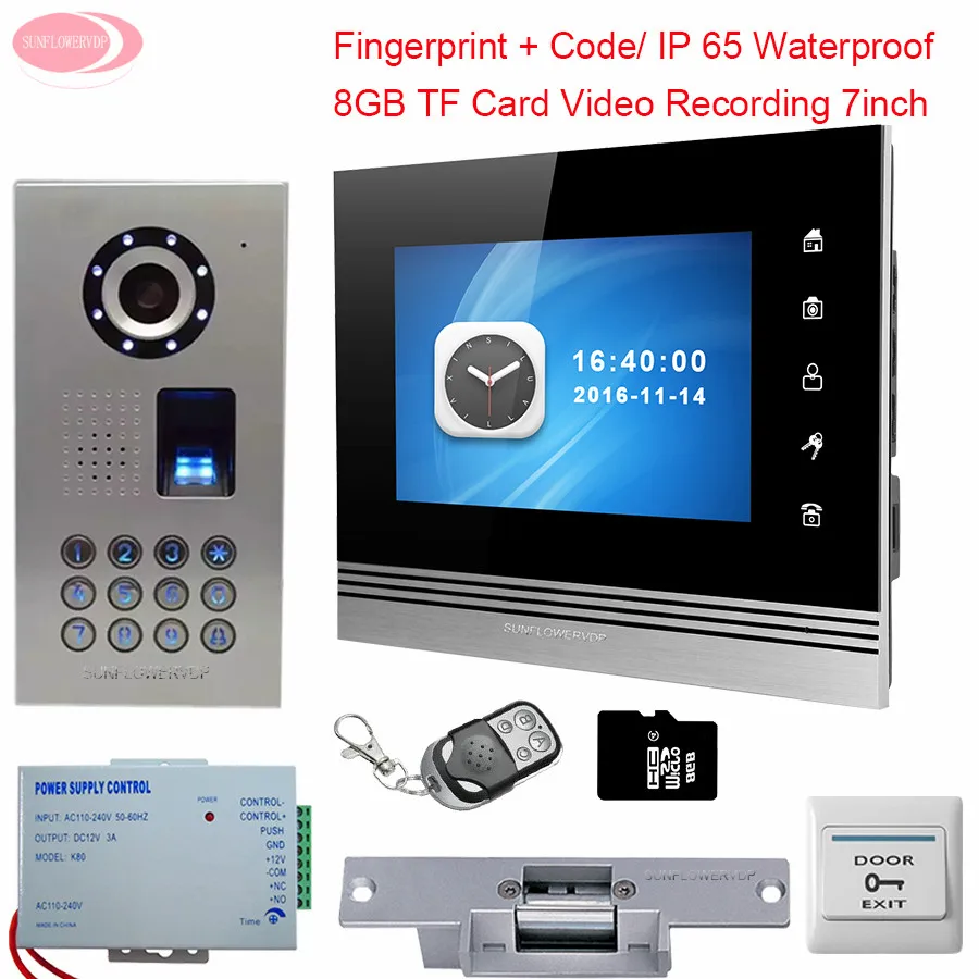 

7" Wired Intercom For Private House Monitor 8GB TF Card Recording Door Bell IP65 Waterproof Fingerprint Code + Electronic lock