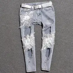 Новые рваные цветок блесток джинсы для женщин для середины талии пикантные Винтаж отверстие узкие женские джинсы повседневное свободные