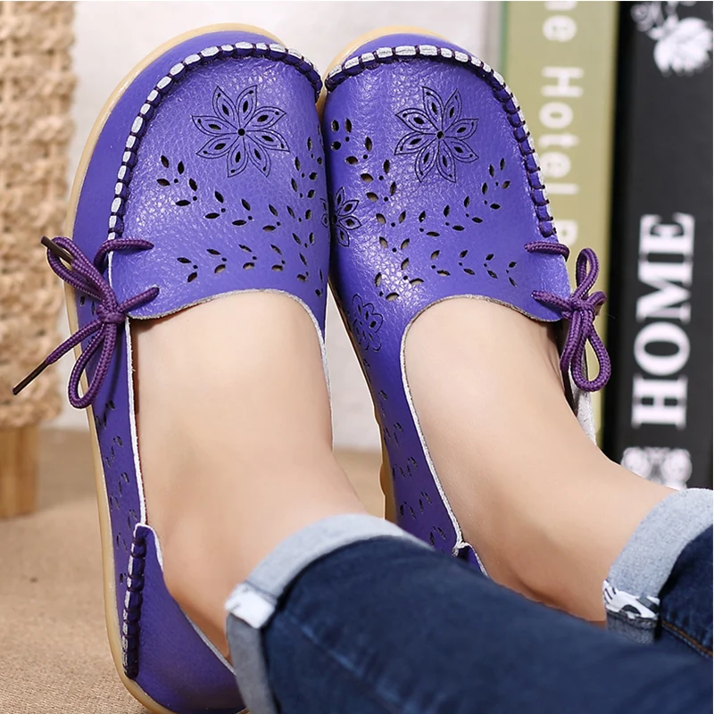 Women Flats Genuine Leather Slip On Loafers Soft Nurse Ballerina Shoes Plus Size 34-44 Casual