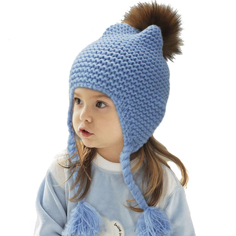 

Knitted Ages 2-7 baby hat Children Winter Cute Hats For Girls Solid Cotton Thick Warm Knitted Ears Beanie Fox Fur Pompom kid Cap