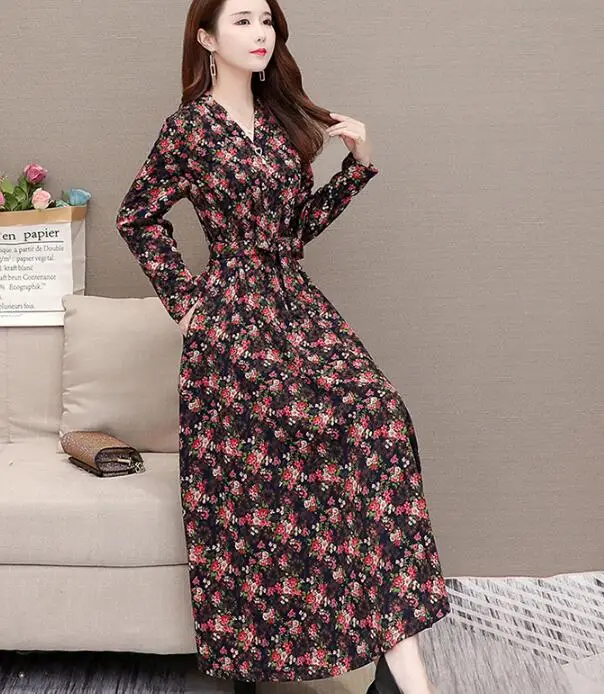 

2019 High Quality Plus Size M-5XL Autumn New Arrival V Collar Long Sleeve Flower Printed Woman Long Cotton Dress