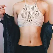 Женская Летняя Открытая кроп-топ с бретелькой через шею, бикини с этническим мотивом, бюстгальтер, бандаж, открытая спина, без рукавов, трикотажная накидка, пляжная одежда