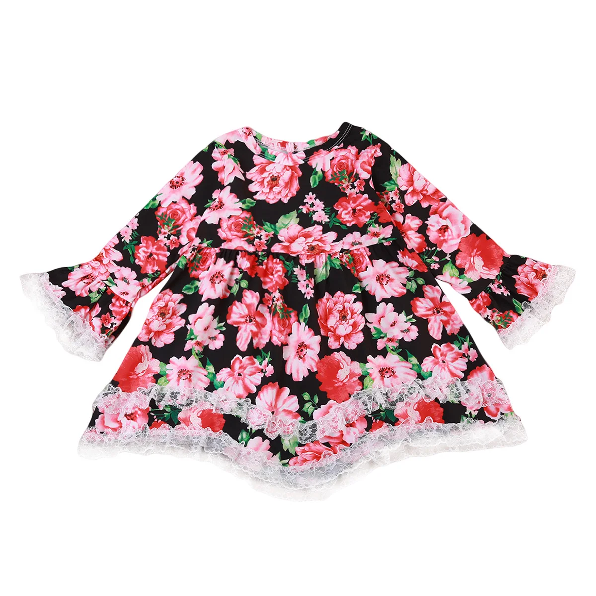 Flowers Toddler Girls Autumn Red Floral Lace Patchwork Dress Petal Long Sleeve High Waist Princess Party Pageant Dresses 1-2Y | Детская