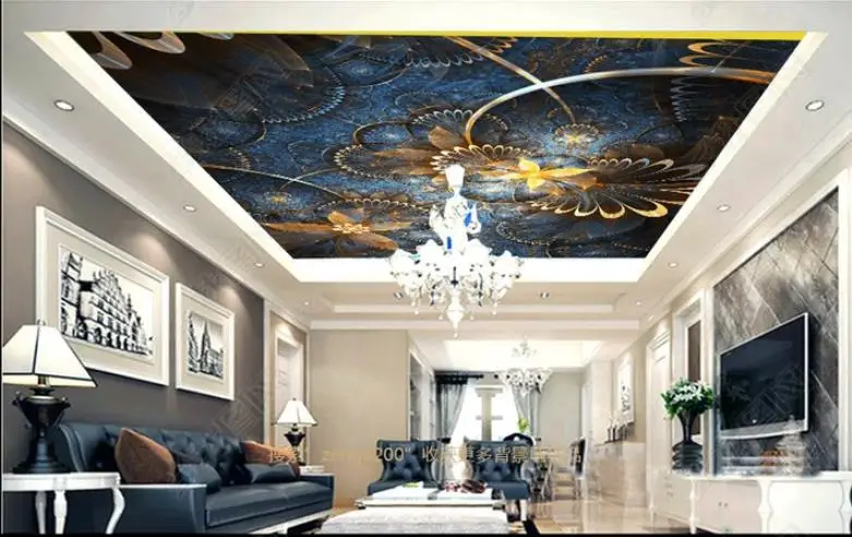 3 D Wallpaper For Walls Custom 3D Ceiling Blue elegant golden flower Wall Wallpapers Living room Photo | Обустройство дома