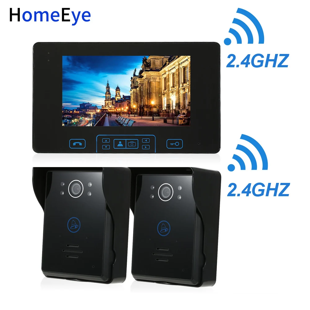 

HomeEye 2.4GHz Digital Wireless Video Door Phone Doorbell Intercom Access System Built-in Battery 7''TFT LCD Touch Key Rainproof