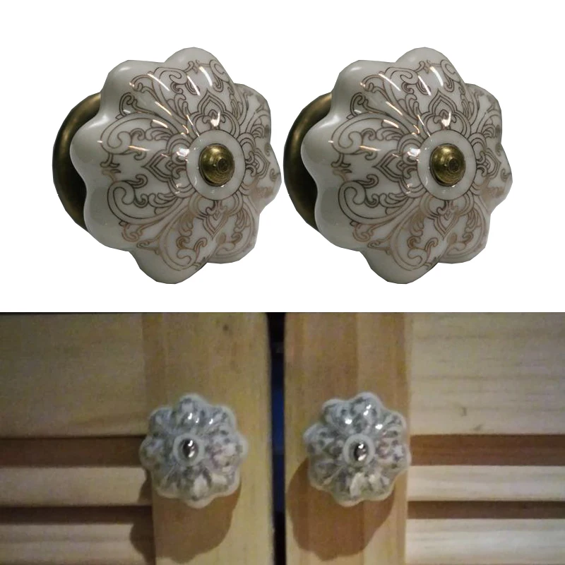 2PCS Hand Painted Pumpkin shaped ceramic knob handles kitchen