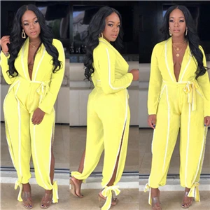 Adogirl White Trim Patchwork Women Jumpsuit Sexy Deep V Neck Long Sleeve Romper Side Slit Bow Tie Loose Pants Casual Overalls - Цвет: yellow jumpsuit