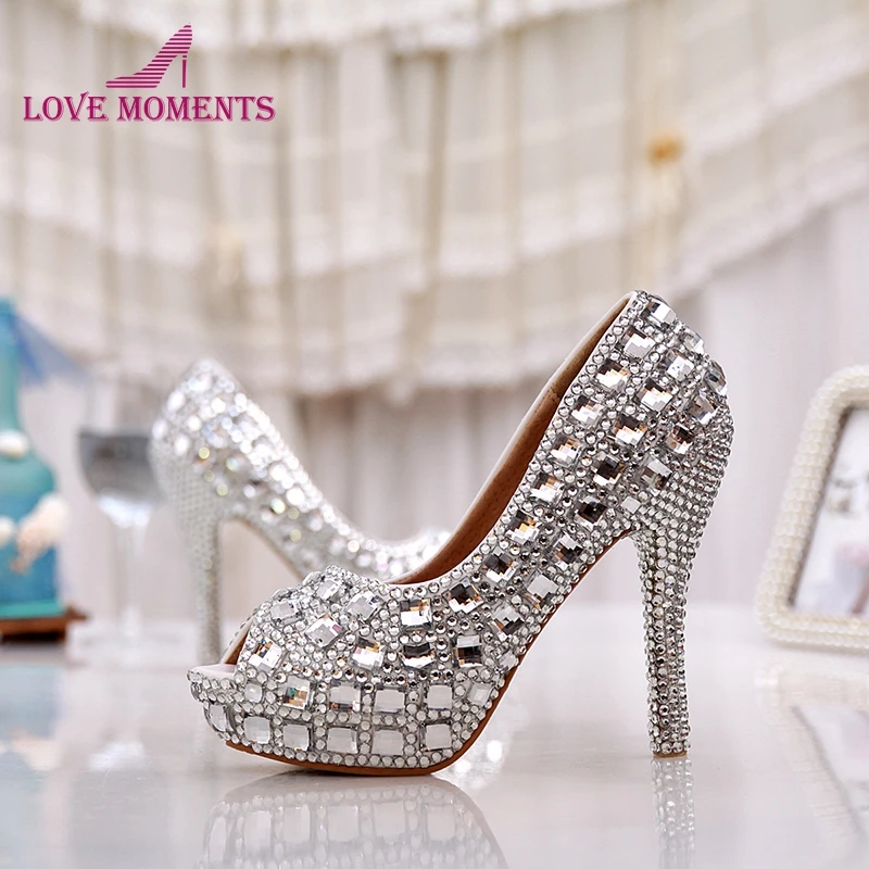 12cm Élégant Cristal Argent Bal Strass Talons De Partie Chaussures Peep Femmes Couleur Heels Silver Toe 5 Mariage Pouces Handmake Haute Mariée 1Hwrq1B