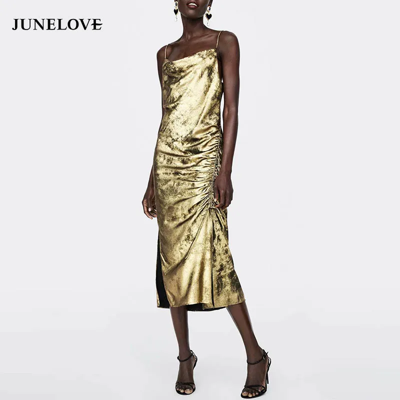

JuneLove Women Sexy Spaghetti Strap Maxi Long Dress Vintage Female Elastic Lace-Up Velvet Dress Casual Lady Draped Sheath Dress