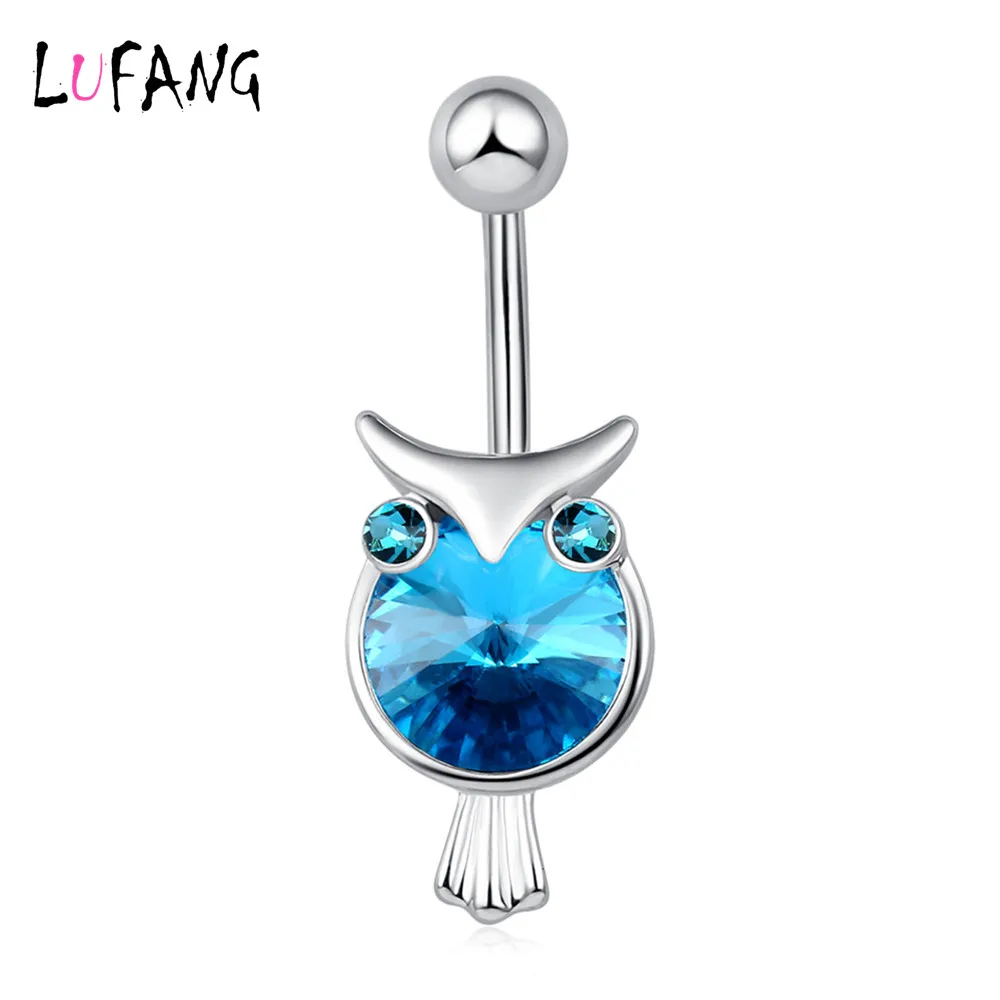 

LUFANG 2019 Fashion Medical Rhinestone Blue Owl Piercing Belly Button Body Jewelry Women Long Piercing Ring Dangle Navel Nail