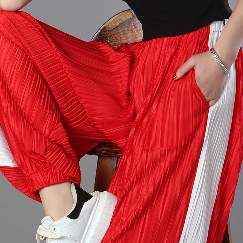 Шифон шаровары женские серии 2018 Весенняя мода новый Ruched Side Stripe эластичные