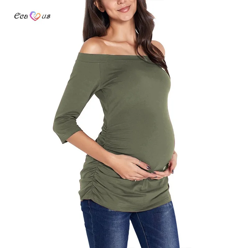 Женская Полосатая Рубашка для беременных с открытыми плечами, 3/4 рукав, боковая блуза с рюшами, рубашка для беременных, Одежда для беременных, повседневные топы, футболки - Цвет: pic