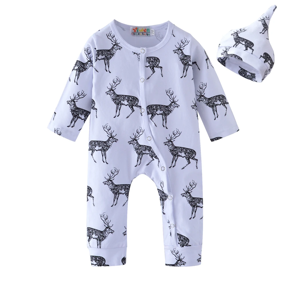 

2Pcs Autumn New Baby Romper Long-sleeved Deer Printing Newborn Toddler Jumpsuit+Hat Baby Boys Girls Clothes Infant Clothing
