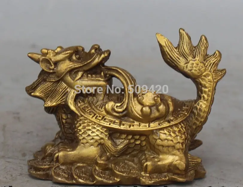 

10CM Chinese Bronze Carved FengShui Wealth Money Dragon Turtle Animal Statue
