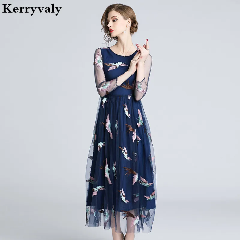 

Autumn Mesh Phoenix Embroidery Dress Ropa De Mujer 2019 Women Midi Long Party Dress Vetement Femme Robe Longue K6207