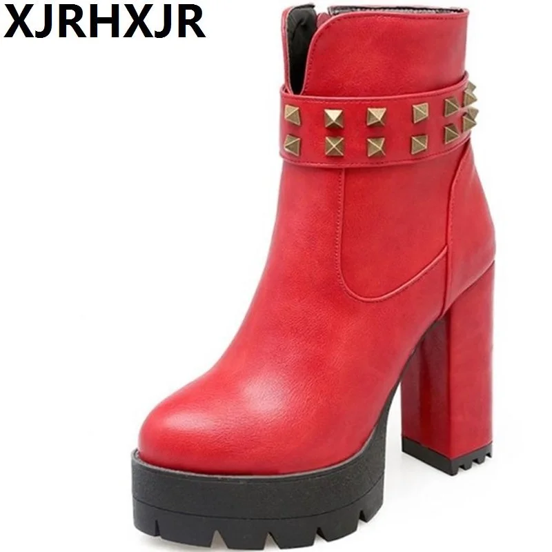 

XJRHXJR Women High Heel Boots Ankle Woman Fur Winter Warm Shoes Ladies Rivets High Platform Boots Footwear Size 32-43