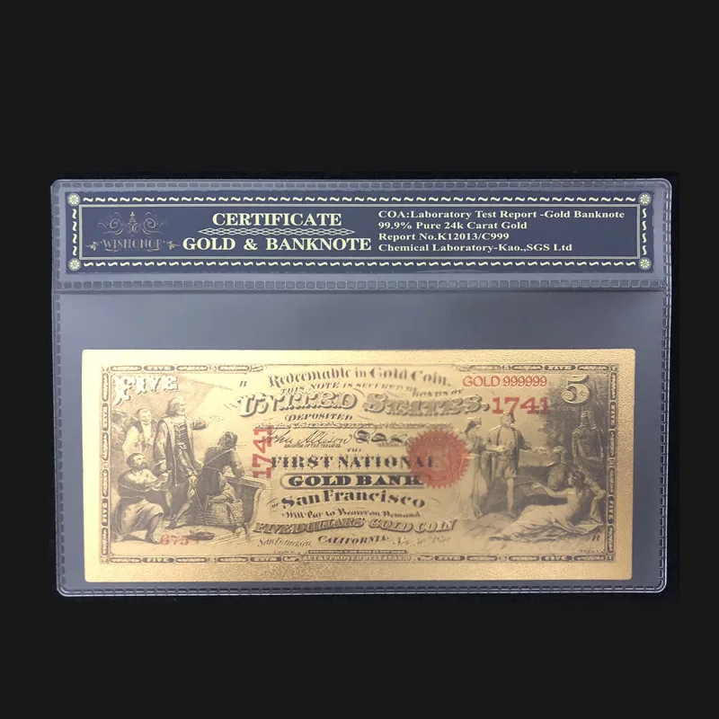 Лучшая цена для цвета 1870 год Америка банкнота 5 доллар золото banknotes в 24 к 99.9% золото с пластиковой рамкой для подарка