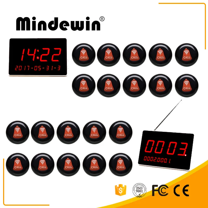 

Mindewin Most Convenient Wireless Pager System with 20PCS Waterproof Button and 2PCS LED Display Show Four Groups Digital Number