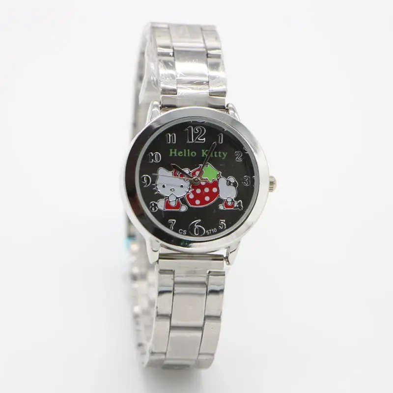 

Lovely stainless steel Hello Kitty Strawb Watch Girl Women Dress Fashion Crystal Quartz Wristwatch Female Watch Relogio Clock