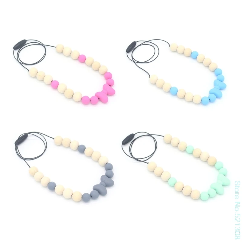 

Baby Teether Necklace Silicone Wood Pendant Beads Bow Knot Teething Nursing Chains Toys Baby Love pacifier leashes Drop Ship