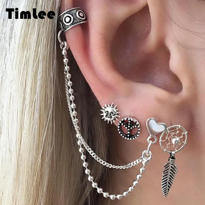 

Timlee E083 New Retro Personality sun Leaf heart chain Alloy Clip Earrings Set ,4pcs/set Wholesale