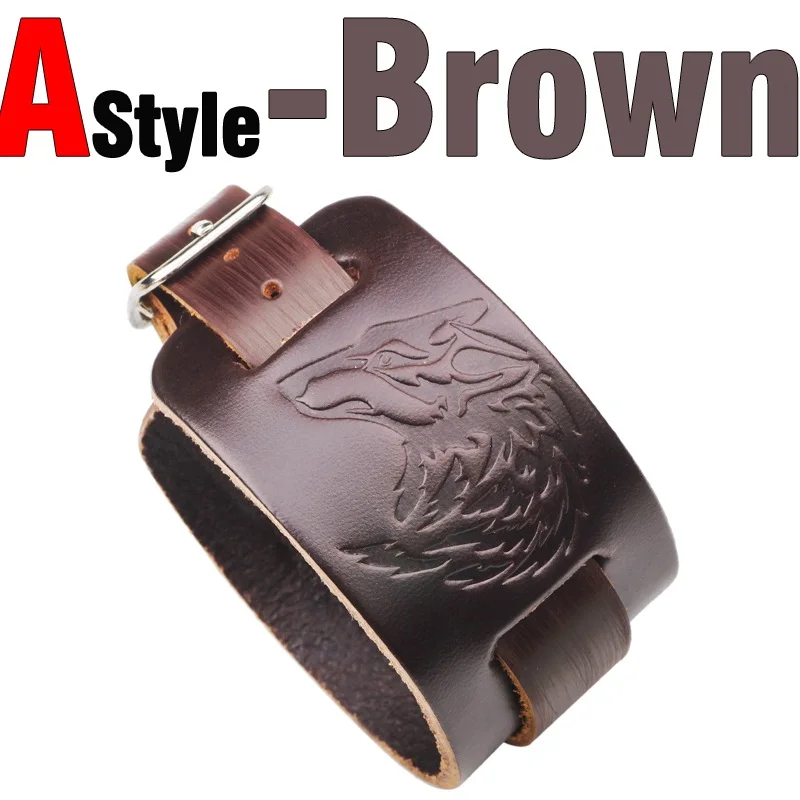 MNWT Шарм широкий кожаный браслет черный коричневый для мужчин Мода тиснением Волк/Орел/Тотем браслет панк украшения в стиле рок - Окраска металла: A Style Brown