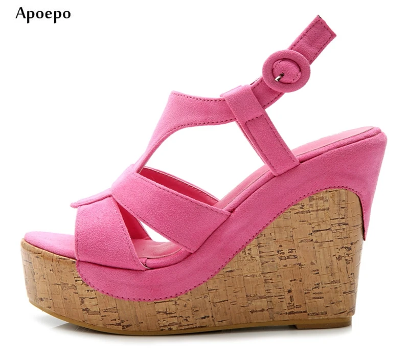 

New 2018 Fashion Wedge Sandal for Woman Summer Sexy Open Toe Platform Shoes Buckle Strap Cutouts Sandal Pink Blue