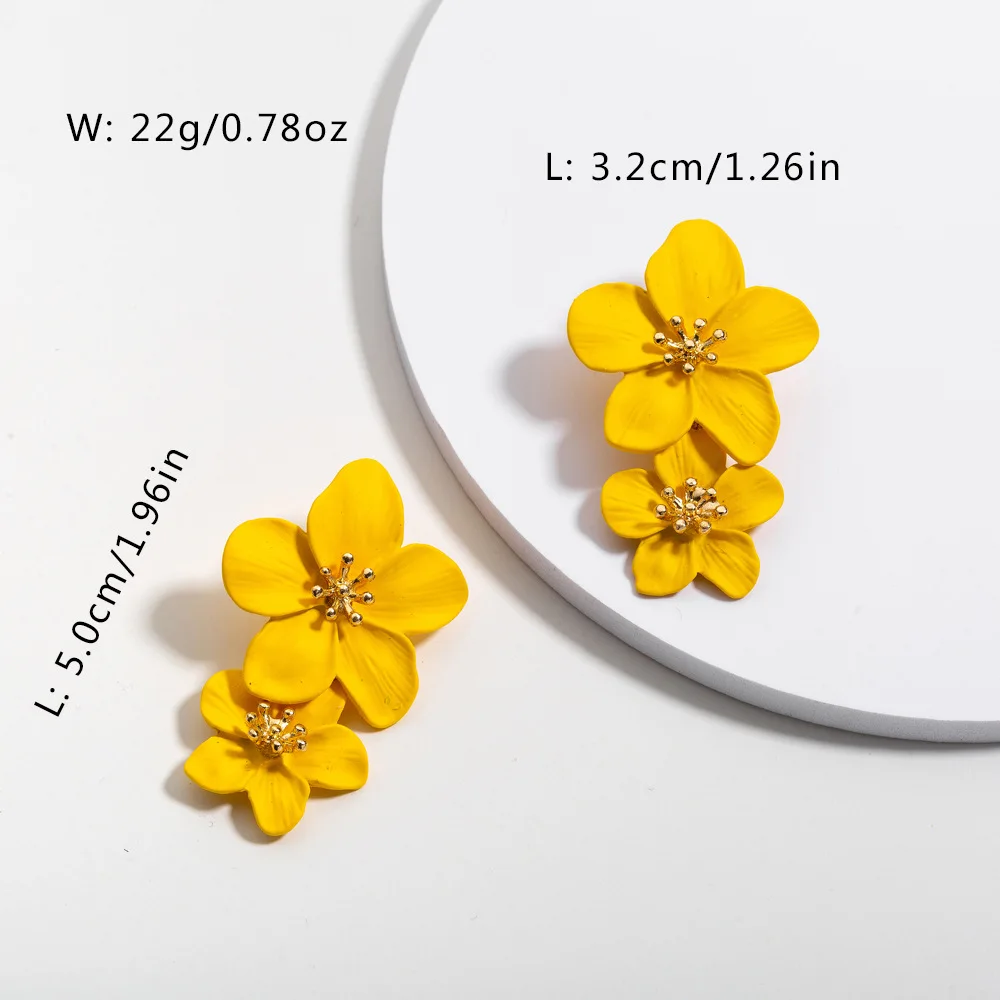 New Romantic Stoving Varnish Long Flower Drop Earrings For Women Lady's Elegant Yellow Green Flower Statement Earring