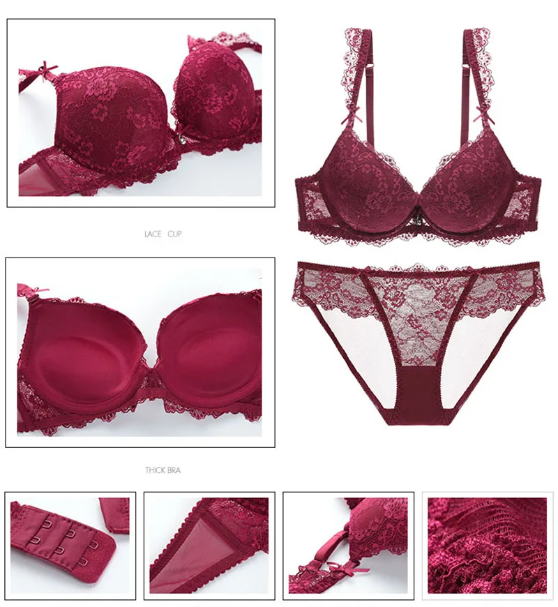 Fashion Lace Sexy Bra Set Women Push Up Underwire 4 Cup Back Closure Underwear Bras (9)