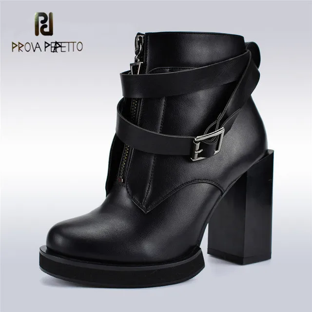 

Prova perfetto Autumn Winter Design Infront Zipper Ankle Boots Women Fashion Buckle Strap Platform Square High Heels Women Boots