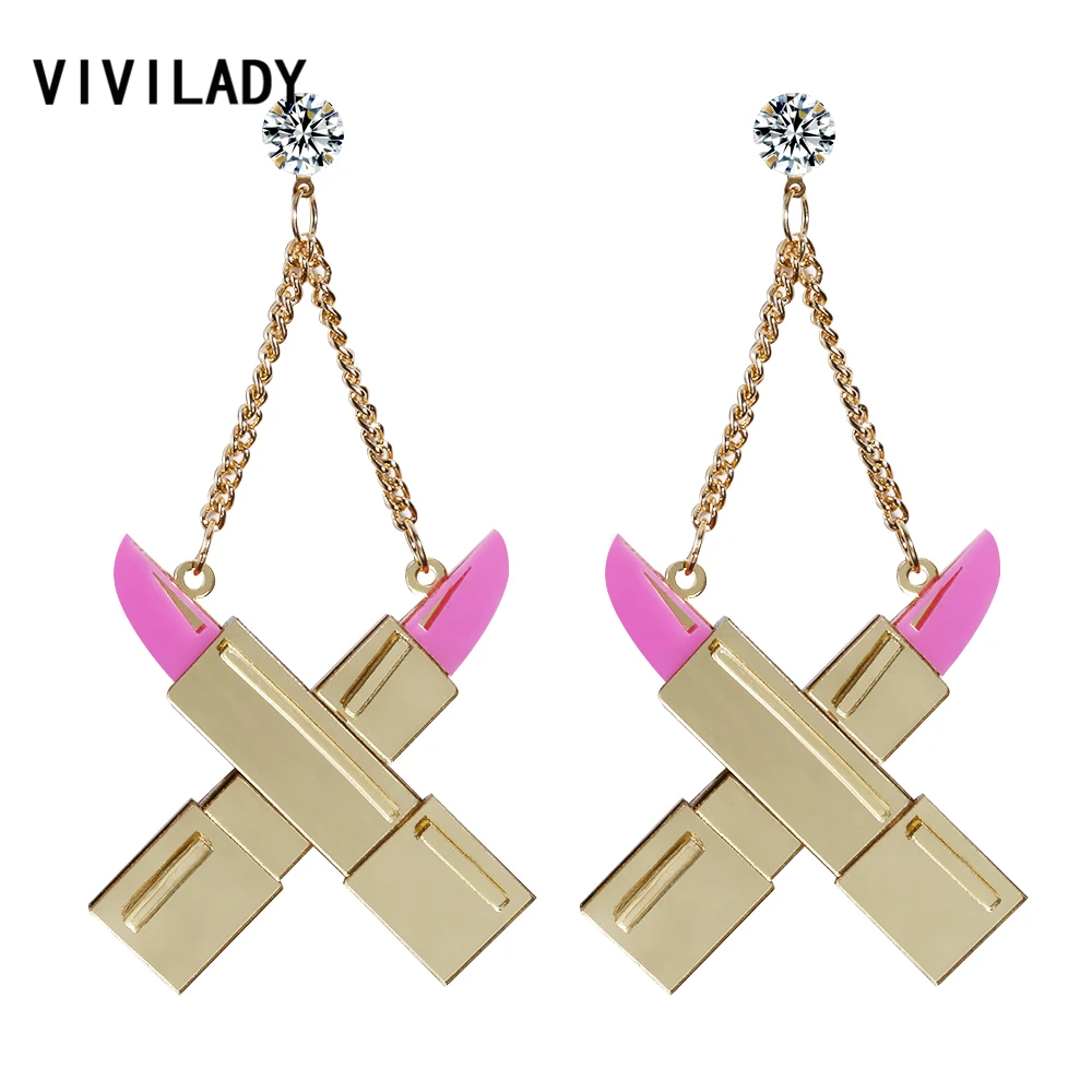 

VIVILADY Funny Lipstick Mirror Acrylic Drop Dangle Earrings Women Crystal Gold Color Chain Boho Lover Engagement Jewelry Gifts