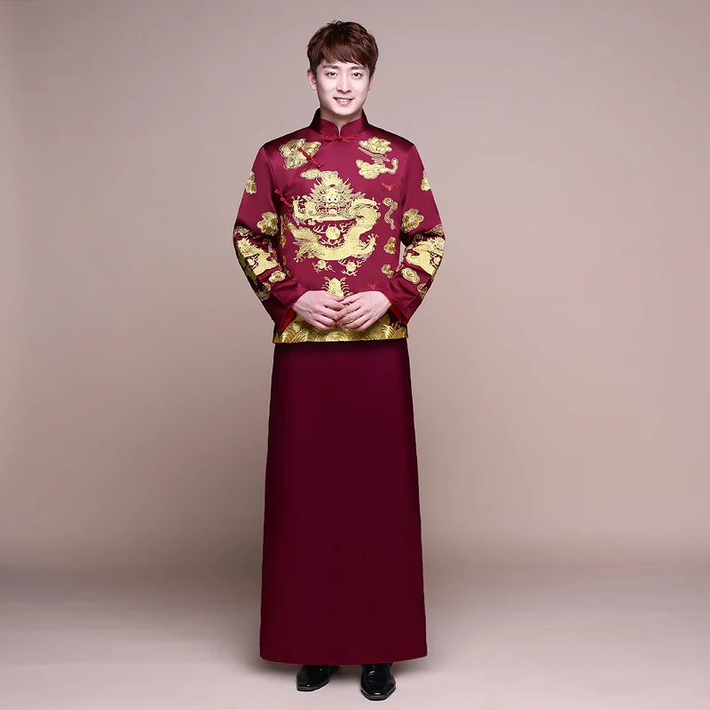 Male Red Cheongsam Toast Costumes Grooms Dress Jacket Long Gown
