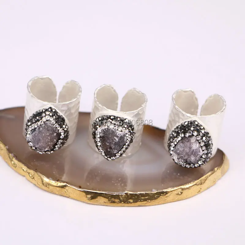 

10PCS ZYZ-R5366 Nature Quartz Rings, Metal Silver Plated Wide Band Pave Crystal Zircon Rings