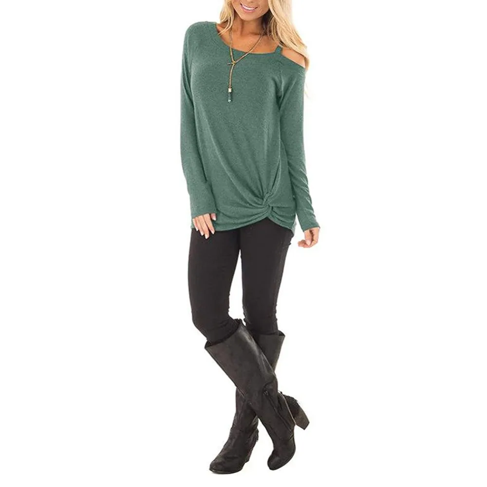 

Women's shoulder slant shoulder autumn winter pullover knot t-shirt long sleeve t-shirt#282175