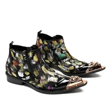 Граффити весенние туфли модные классические с острым носком Для мужчин Натуральная кожа ботильоны Для мужчин металлический наконечник с цветочным принтом Для мужчин сапоги