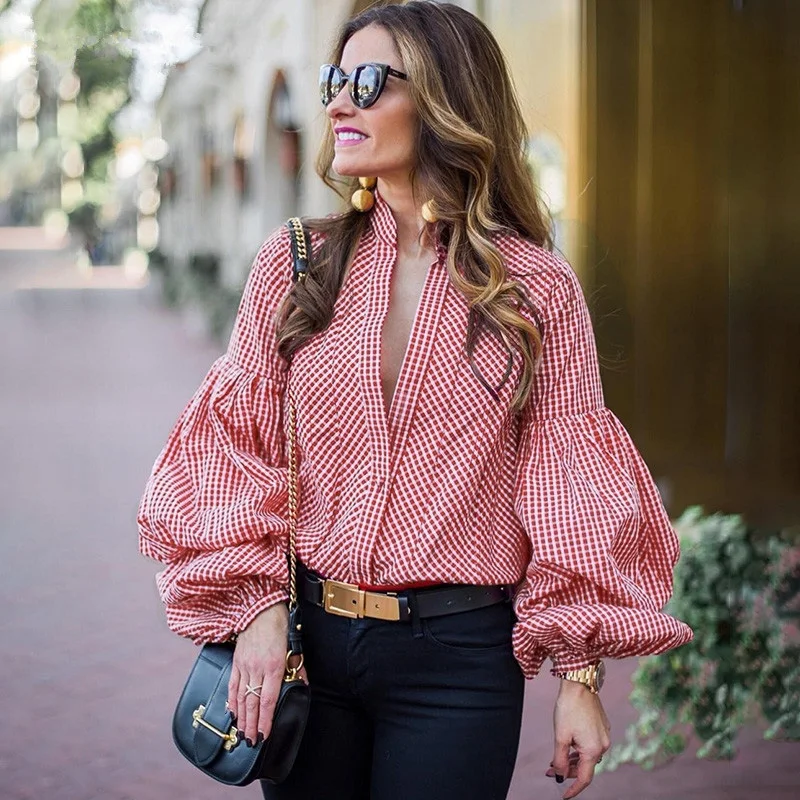 Vintage deep v neck plaid blouse women Long puff sleeve summer blouse