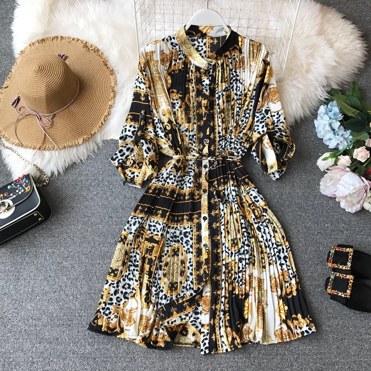 Print Summer Shirt Dress Long Sleeve Chiffon Elegant Korean Vintage Boho Beach Tunic Pleated Midi Plus Size Women Vestidos | Женская